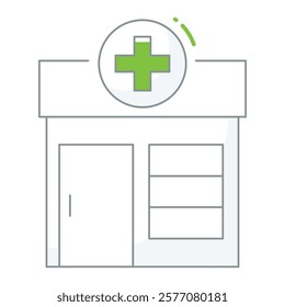 Filled line clinic entrance design with cross signage, perfect for hospital directories, facility maps, and healthcare navigation.