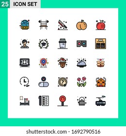 Filled line Flat Color Pack of 25 Universal Symbols of cooking; peach; machine; fruit; knife Editable Vector Design Elements