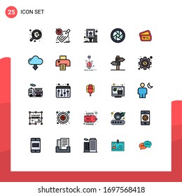 Filled line Flat Color Pack of 25 Universal Symbols of love; camera lenses; promotion; camera eye; board Editable Vector Design Elements