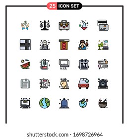 Filled line Flat Color Pack of 25 Universal Symbols of cards; direction; justice; left; tools Editable Vector Design Elements