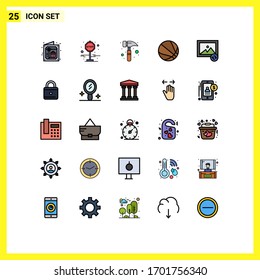 Filled line Flat Color Pack of 25 Universal Symbols of lock; sync; hammer; photo; basketball Editable Vector Design Elements