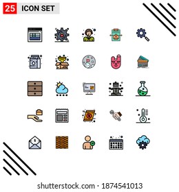 Filled line Flat Color Pack of 25 Universal Symbols of gear; search; delivery; settings; network Editable Vector Design Elements