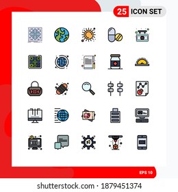 Filled line Flat Color Pack of 25 Universal Symbols of hospital; tablet; summer; pills; drug Editable Vector Design Elements