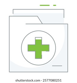 Filled line folder with digital upload symbol, ideal for EHR systems, clinic databases, and patient record management.