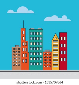 Filled line icon style flat colorful highrise buildings