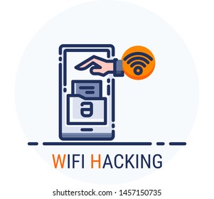 Filled Line Icons Style. Hacker Cyber crime attack Wifi Hacking for web design, ui, ux, mobile web, ads, magazine, book, poster. Vector Pixel Perfect
