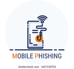 Filled Line Icons Style. Hacker Cyber crime attack Mobile Phishing for web design, ui, ux, mobile web, ads, magazine, book, poster. Vector Pixel Perfect