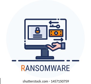 Filled Line Icons Style. Hacker Cyber crime attack Ransomware for web design, ui, ux, mobile web, ads, magazine, book, poster. Vector Pixel Perfect