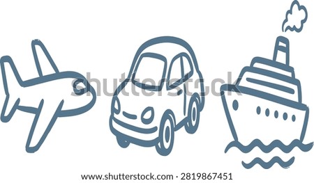 A filled line illustration set of travel icons featuring an airplane, car and cruise ship.