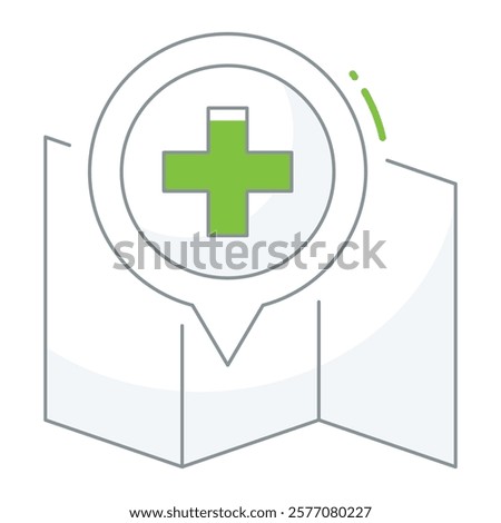 A filled line map pin with a medical cross, tailored for hospital apps, clinic locators, and healthcare service directories.