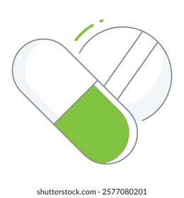 A filled line pill bottle with capsules spilling out, designed for pharmacy labels, medication trackers, and healthcare packaging.