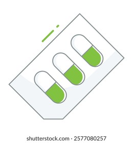 Filled line pill capsule with split line, perfect for medication labels, pharmacy websites, and healthcare packaging design.