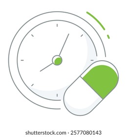 Filled line pill with split line and droplet, suited for pharmacy apps, medication schedules, and healthcare packaging.