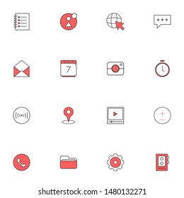 Filled line red UI icons set. User interface colored line icons pack. flat red icons set.