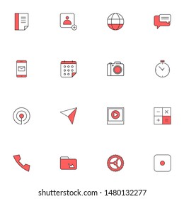 Filled line red UI icons set. User interface colored line icons pack. flat red icons set.