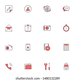 Filled line red UI icons set. User interface colored line icons pack. flat red icons set.