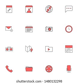 Filled line red UI icons set. User interface colored line icons pack. flat red icons set.