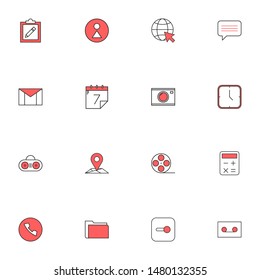 Filled line red UI icons set. User interface colored line icons pack. flat red icons set.