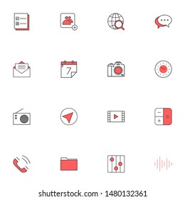 Filled line red UI icons set. User interface colored line icons pack. flat red icons set.