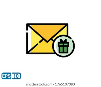 mit einer gefüllten Linie Symbol der Geschenkpost einzeln auf weißem Hintergrund. EPS10