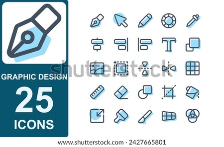 filled line style icon graphic design tool. containis pen,pencil,cursor,move tool,color circle,take color,center align,right align,left align,text,layer,image.

