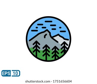 filled line style icon of mountain and trees isolated on white background. EPS 10
