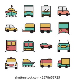 Filled Line Style Icon Set of Vehicle Transport Transportation Travel Explore