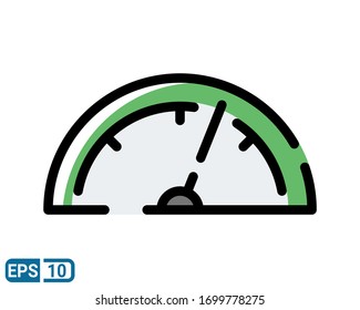 Filled line style icon of speedometer. The tachometer and indicator sign. Performance measurement symbol. Vector illustration. EPS 10