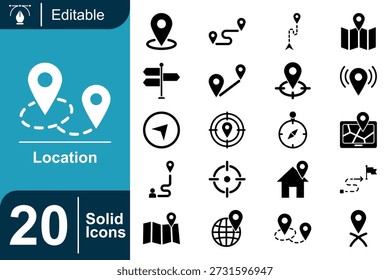 Iconos de ubicación rellenos con pines de mapa, rutas de navegación y destinos. Optimizado para la visibilidad en App móviles, paneles de control y entornos de interfaz de alto contraste.