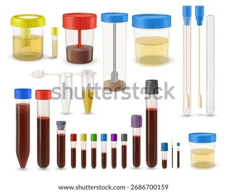 Filled medical containers for assembling human biomaterial. Realistic transparent test tubes vector set. Closed disposable medicine sterile jar for blood, urine and stool laboratory analysis