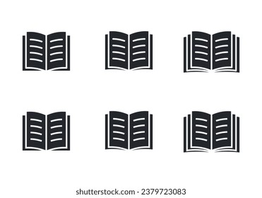 Filled open book with text on pages vector icon set. Copybook with two and three open page.