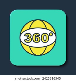Filled outline 360 degree view icon isolated on blue background. Virtual reality. Angle 360 degree camera. Panorama photo. Turquoise square button. Vector