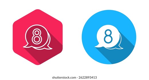 Filled and outline 8 March in speech bubble icon isolated with long shadow background. International Happy Women Day.  Vector