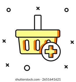 Filled outline Add to Shopping basket icon isolated on white background. Online buying concept. Delivery service. Supermarket basket symbol. Flat filled outline style with shadow. Vector