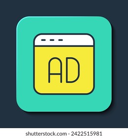 Filled outline Advertising icon isolated on blue background. Concept of marketing and promotion process. Responsive ads. Social media advertising. Turquoise square button. Vector