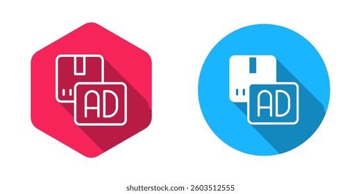 Filled and outline Advertising icon isolated with long shadow background. Concept of marketing and promotion process. Responsive ads. Social media advertising.  Vector