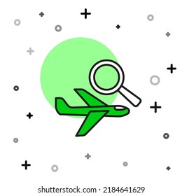 Filled outline Airplane search icon isolated on white background.  Vector