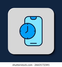Filled outline Alarm clock app smartphone interface icon isolated on blue background.  Vector