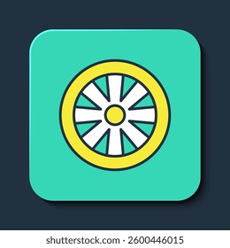 Filled outline Alloy wheel for car icon isolated on blue background. Turquoise square button. Vector