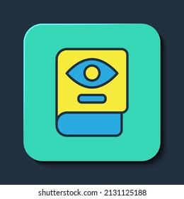 Filled outline Ancient magic book with alchemy recipes and mystic spells and enchantments icon isolated on blue background. Turquoise square button. Vector