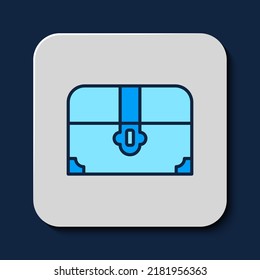 Filled outline Antique treasure chest icon isolated on blue background. Vintage wooden chest with golden coin.  Vector