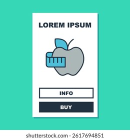 Filled outline Apple and measuring tape icon isolated on turquoise background. Excess weight. Healthy diet menu. Fitness diet apple.  Vector