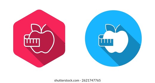 Filled and outline Apple and measuring tape icon isolated with long shadow background. Excess weight. Healthy diet menu. Fitness diet apple.  Vector