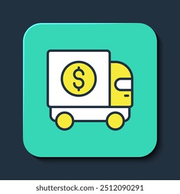 Filled outline Armored truck icon isolated on blue background. Turquoise square button. Vector