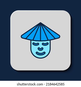 Filled outline Asian or Chinese conical straw hat icon isolated on blue background. Chinese man.  Vector