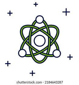 Filled outline Atom icon isolated on white background. Symbol of science, education, nuclear physics, scientific research.  Vector