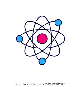 Filled outline Atom icon isolated on white background. Symbol of science, education, nuclear physics, scientific research.  Vector