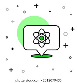 Ícone de Átomo com contorno preenchido isolado em fundo branco. Símbolo de ciência, educação, física nuclear, pesquisa científica.  Vetor