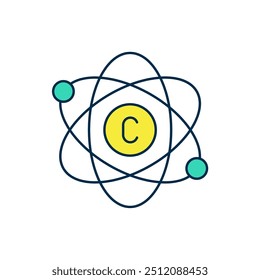 Esquema lleno Icono de átomo aislado sobre fondo blanco. Símbolo de ciencia, educación, física nuclear, investigación científica.  Vector