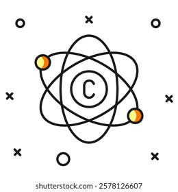 Filled outline Atom icon isolated on white background. Symbol of science, education, nuclear physics, scientific research. Flat filled outline style with shadow. Vector